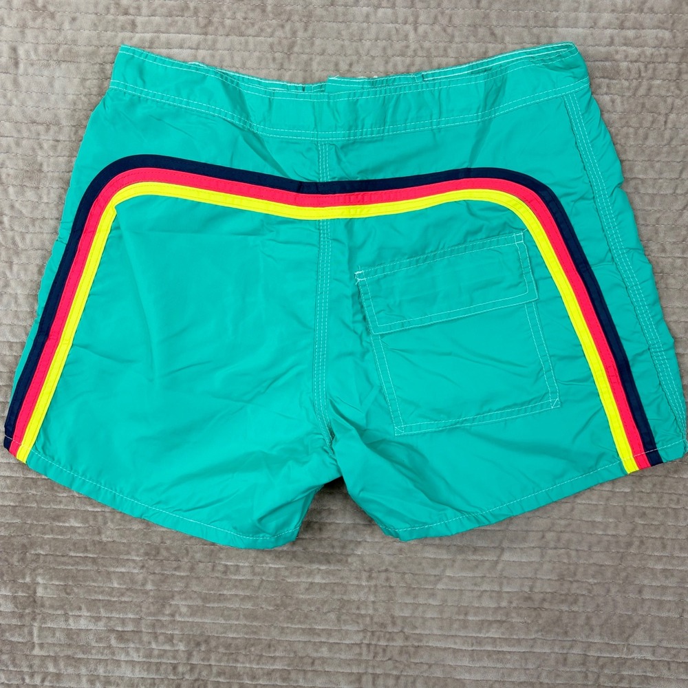Vintage Sundek Board Shorts Mens 30 Teal Green Rainbow Stripe Nylon Made in USA